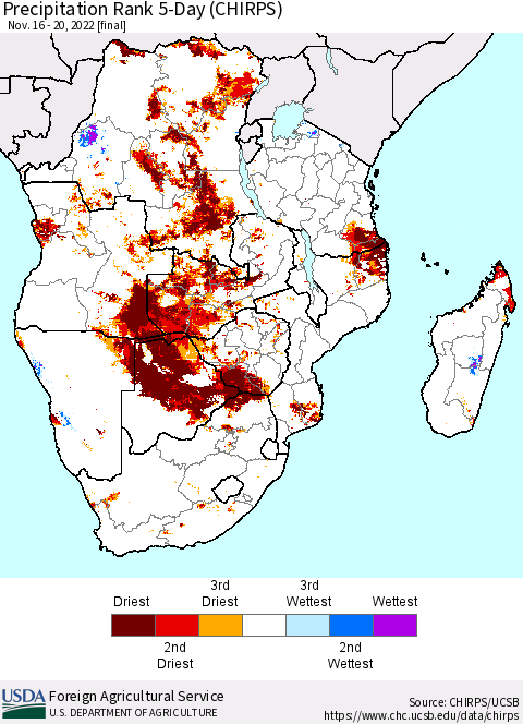 Southern Africa Precipitation Rank since 1981, 5-Day (CHIRPS) Thematic Map For 11/16/2022 - 11/20/2022