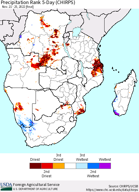 Southern Africa Precipitation Rank since 1981, 5-Day (CHIRPS) Thematic Map For 11/21/2022 - 11/25/2022