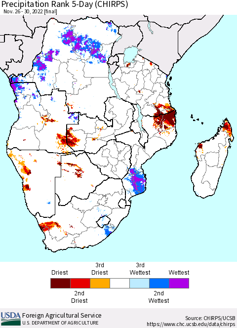 Southern Africa Precipitation Rank since 1981, 5-Day (CHIRPS) Thematic Map For 11/26/2022 - 11/30/2022
