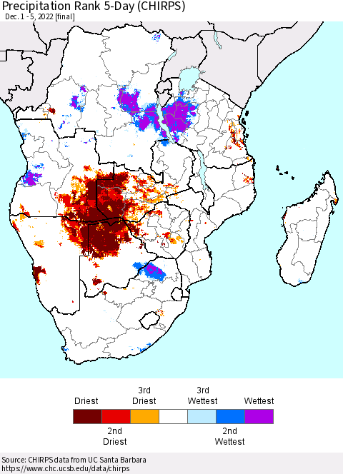 Southern Africa Precipitation Rank since 1981, 5-Day (CHIRPS) Thematic Map For 12/1/2022 - 12/5/2022