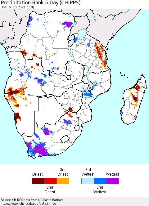 Southern Africa Precipitation Rank since 1981, 5-Day (CHIRPS) Thematic Map For 12/6/2022 - 12/10/2022