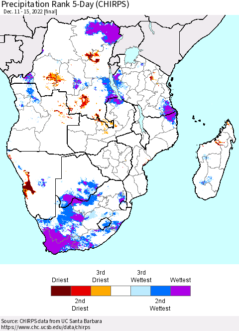Southern Africa Precipitation Rank since 1981, 5-Day (CHIRPS) Thematic Map For 12/11/2022 - 12/15/2022