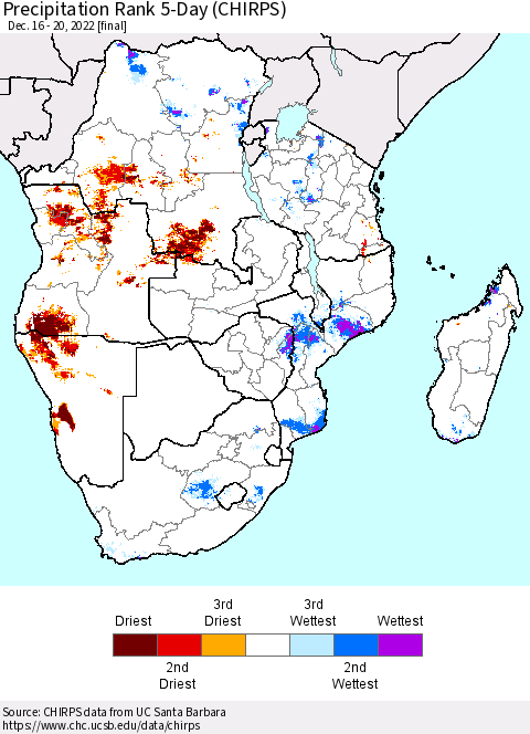 Southern Africa Precipitation Rank since 1981, 5-Day (CHIRPS) Thematic Map For 12/16/2022 - 12/20/2022