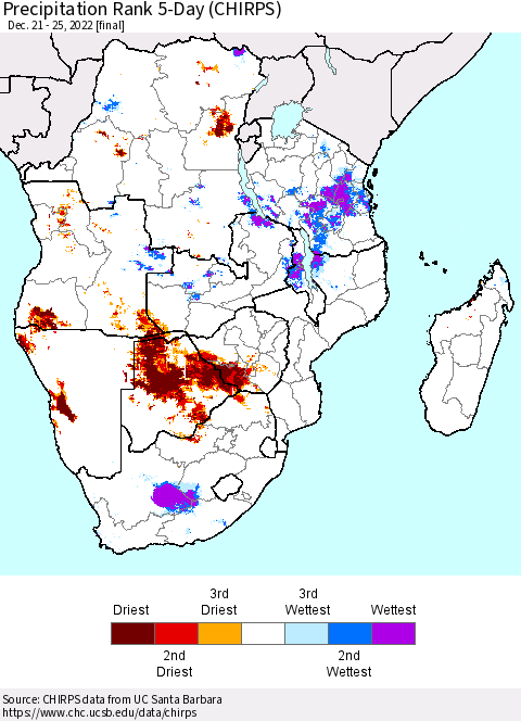 Southern Africa Precipitation Rank since 1981, 5-Day (CHIRPS) Thematic Map For 12/21/2022 - 12/25/2022