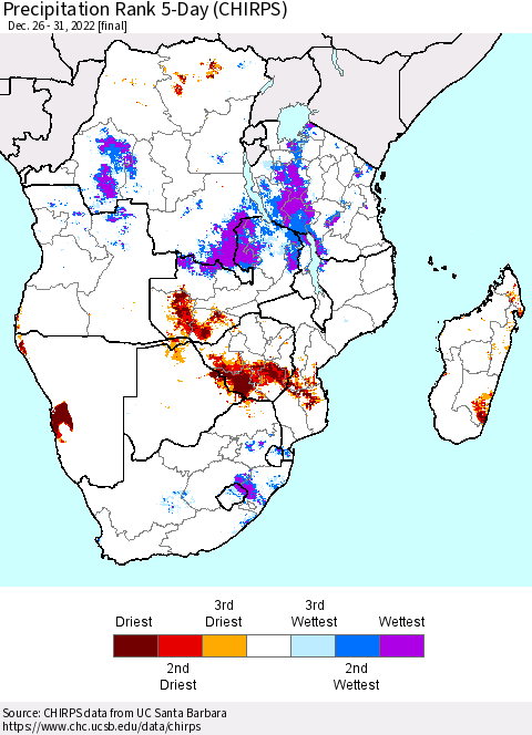 Southern Africa Precipitation Rank since 1981, 5-Day (CHIRPS) Thematic Map For 12/26/2022 - 12/31/2022