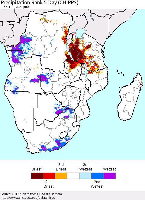Southern Africa Precipitation Rank since 1981, 5-Day (CHIRPS) Thematic Map For 1/1/2023 - 1/5/2023