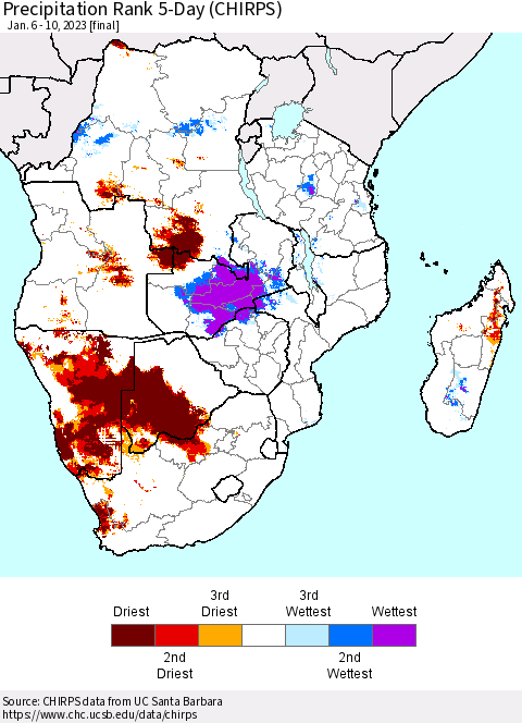 Southern Africa Precipitation Rank since 1981, 5-Day (CHIRPS) Thematic Map For 1/6/2023 - 1/10/2023