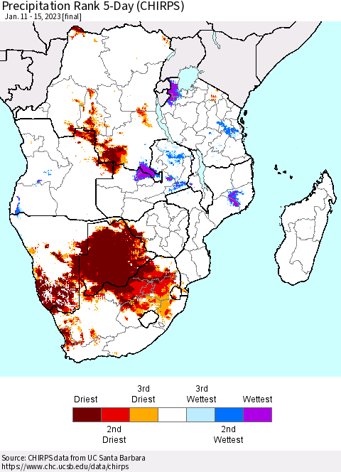 Southern Africa Precipitation Rank since 1981, 5-Day (CHIRPS) Thematic Map For 1/11/2023 - 1/15/2023