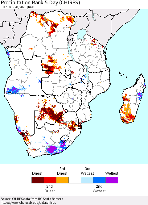 Southern Africa Precipitation Rank since 1981, 5-Day (CHIRPS) Thematic Map For 1/16/2023 - 1/20/2023