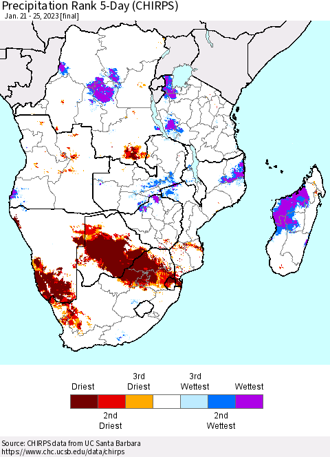 Southern Africa Precipitation Rank since 1981, 5-Day (CHIRPS) Thematic Map For 1/21/2023 - 1/25/2023