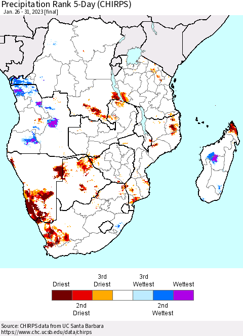 Southern Africa Precipitation Rank since 1981, 5-Day (CHIRPS) Thematic Map For 1/26/2023 - 1/31/2023