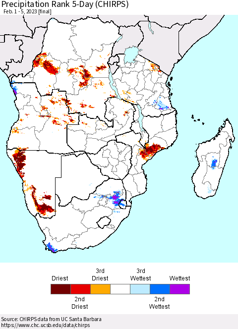 Southern Africa Precipitation Rank since 1981, 5-Day (CHIRPS) Thematic Map For 2/1/2023 - 2/5/2023