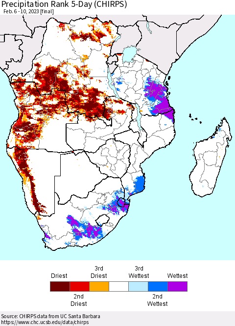 Southern Africa Precipitation Rank since 1981, 5-Day (CHIRPS) Thematic Map For 2/6/2023 - 2/10/2023