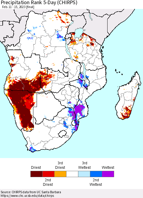 Southern Africa Precipitation Rank since 1981, 5-Day (CHIRPS) Thematic Map For 2/11/2023 - 2/15/2023