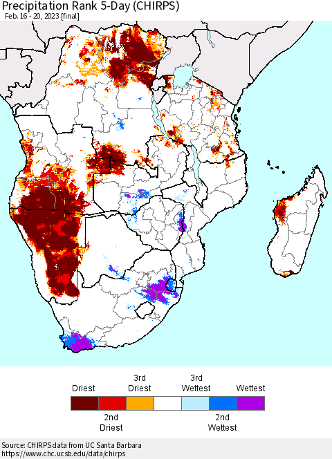 Southern Africa Precipitation Rank since 1981, 5-Day (CHIRPS) Thematic Map For 2/16/2023 - 2/20/2023
