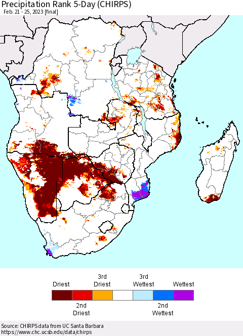 Southern Africa Precipitation Rank since 1981, 5-Day (CHIRPS) Thematic Map For 2/21/2023 - 2/25/2023