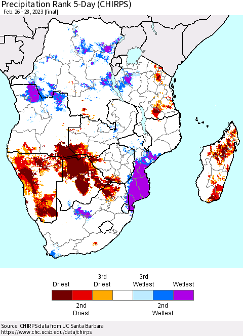 Southern Africa Precipitation Rank since 1981, 5-Day (CHIRPS) Thematic Map For 2/26/2023 - 2/28/2023