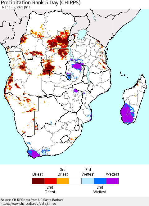 Southern Africa Precipitation Rank since 1981, 5-Day (CHIRPS) Thematic Map For 3/1/2023 - 3/5/2023