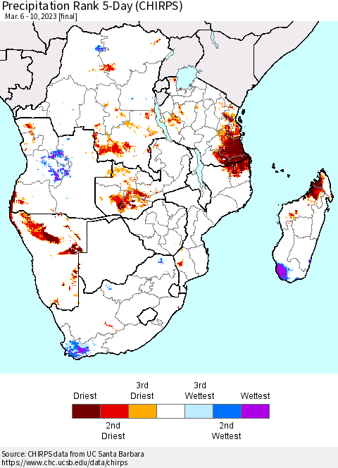 Southern Africa Precipitation Rank since 1981, 5-Day (CHIRPS) Thematic Map For 3/6/2023 - 3/10/2023
