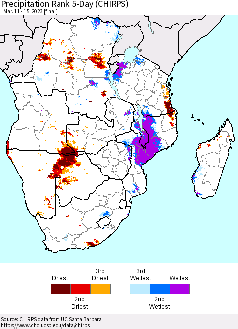 Southern Africa Precipitation Rank since 1981, 5-Day (CHIRPS) Thematic Map For 3/11/2023 - 3/15/2023