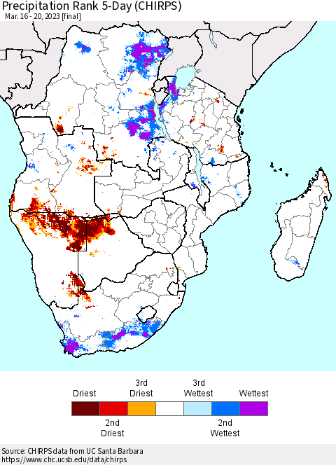Southern Africa Precipitation Rank since 1981, 5-Day (CHIRPS) Thematic Map For 3/16/2023 - 3/20/2023