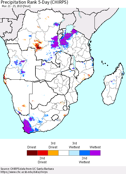 Southern Africa Precipitation Rank since 1981, 5-Day (CHIRPS) Thematic Map For 3/21/2023 - 3/25/2023