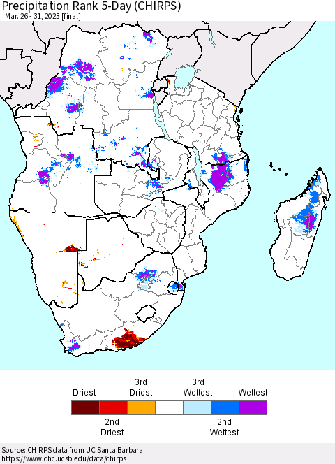 Southern Africa Precipitation Rank since 1981, 5-Day (CHIRPS) Thematic Map For 3/26/2023 - 3/31/2023