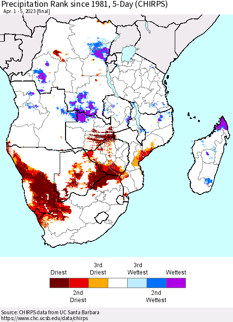 Southern Africa Precipitation Rank since 1981, 5-Day (CHIRPS) Thematic Map For 4/1/2023 - 4/5/2023