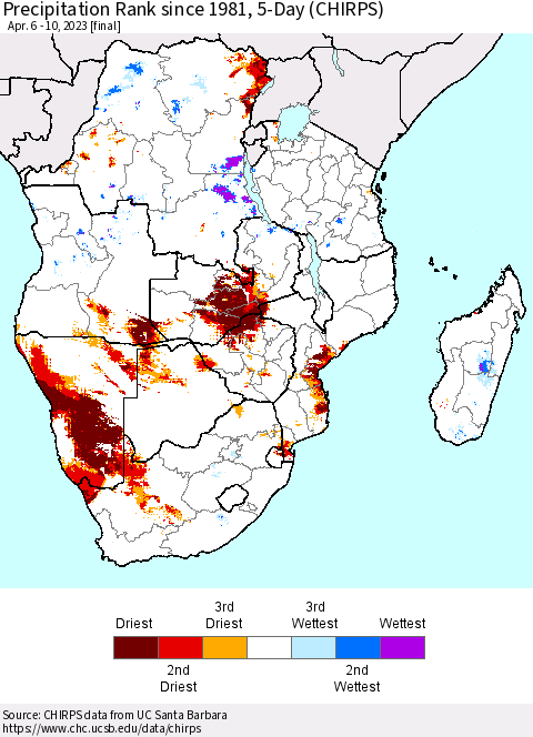 Southern Africa Precipitation Rank since 1981, 5-Day (CHIRPS) Thematic Map For 4/6/2023 - 4/10/2023