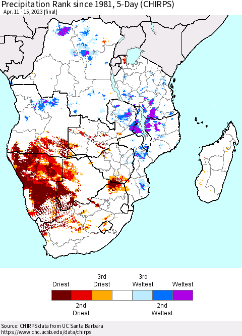 Southern Africa Precipitation Rank since 1981, 5-Day (CHIRPS) Thematic Map For 4/11/2023 - 4/15/2023
