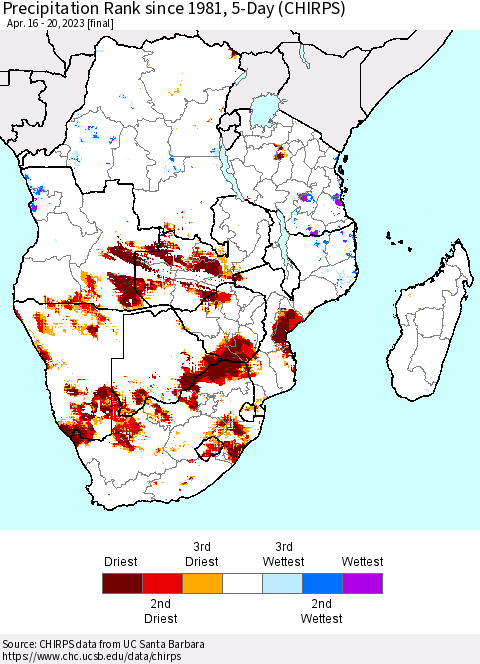 Southern Africa Precipitation Rank since 1981, 5-Day (CHIRPS) Thematic Map For 4/16/2023 - 4/20/2023