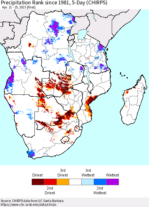 Southern Africa Precipitation Rank since 1981, 5-Day (CHIRPS) Thematic Map For 4/21/2023 - 4/25/2023
