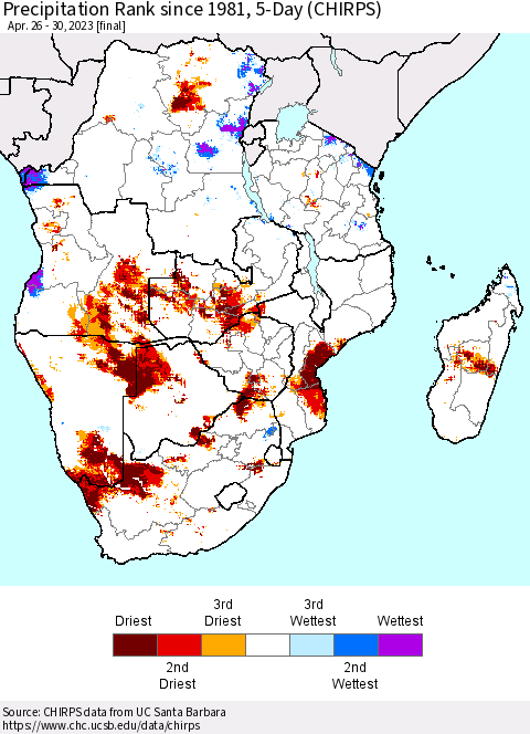 Southern Africa Precipitation Rank since 1981, 5-Day (CHIRPS) Thematic Map For 4/26/2023 - 4/30/2023