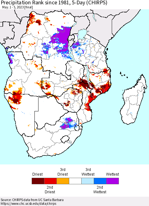 Southern Africa Precipitation Rank since 1981, 5-Day (CHIRPS) Thematic Map For 5/1/2023 - 5/5/2023