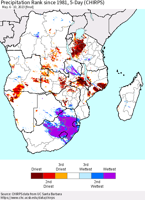 Southern Africa Precipitation Rank since 1981, 5-Day (CHIRPS) Thematic Map For 5/6/2023 - 5/10/2023