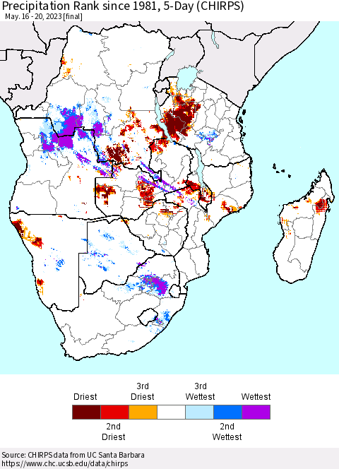 Southern Africa Precipitation Rank since 1981, 5-Day (CHIRPS) Thematic Map For 5/16/2023 - 5/20/2023