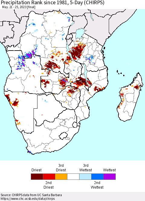 Southern Africa Precipitation Rank since 1981, 5-Day (CHIRPS) Thematic Map For 5/21/2023 - 5/25/2023