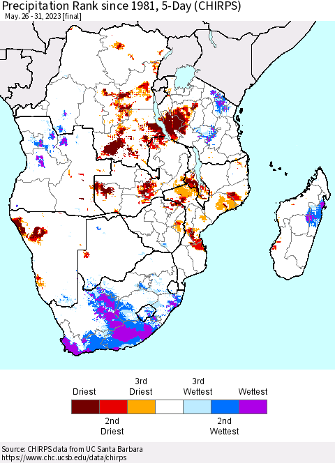 Southern Africa Precipitation Rank since 1981, 5-Day (CHIRPS) Thematic Map For 5/26/2023 - 5/31/2023