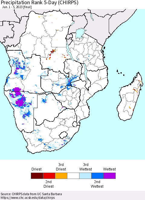 Southern Africa Precipitation Rank since 1981, 5-Day (CHIRPS) Thematic Map For 6/1/2023 - 6/5/2023