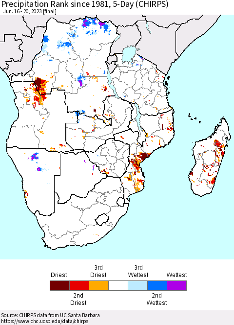 Southern Africa Precipitation Rank since 1981, 5-Day (CHIRPS) Thematic Map For 6/16/2023 - 6/20/2023
