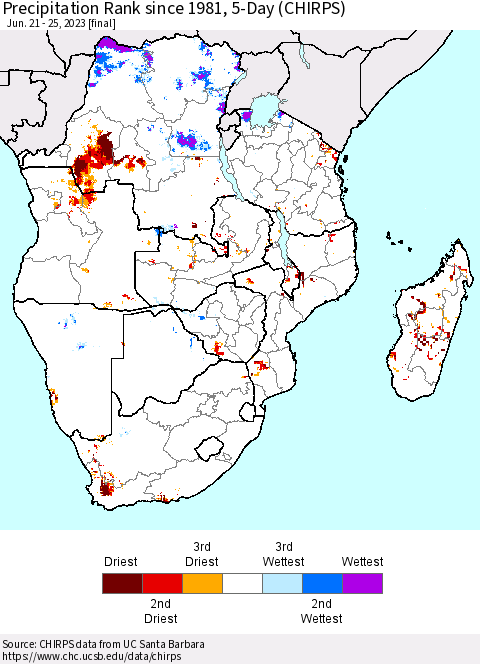 Southern Africa Precipitation Rank since 1981, 5-Day (CHIRPS) Thematic Map For 6/21/2023 - 6/25/2023