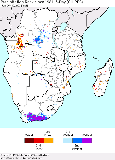 Southern Africa Precipitation Rank since 1981, 5-Day (CHIRPS) Thematic Map For 6/26/2023 - 6/30/2023