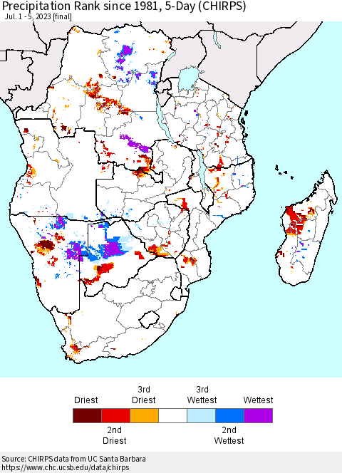 Southern Africa Precipitation Rank since 1981, 5-Day (CHIRPS) Thematic Map For 7/1/2023 - 7/5/2023