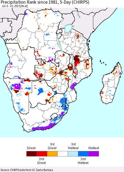 Southern Africa Precipitation Rank since 1981, 5-Day (CHIRPS) Thematic Map For 7/6/2023 - 7/10/2023
