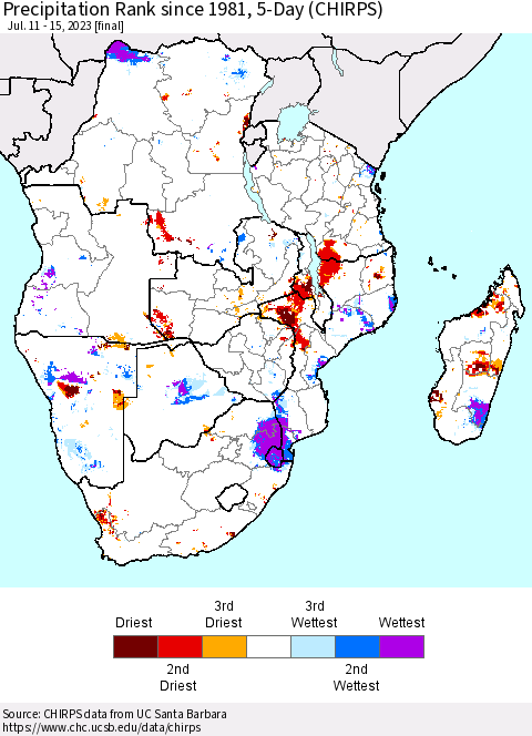 Southern Africa Precipitation Rank since 1981, 5-Day (CHIRPS) Thematic Map For 7/11/2023 - 7/15/2023
