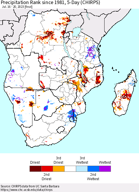 Southern Africa Precipitation Rank since 1981, 5-Day (CHIRPS) Thematic Map For 7/16/2023 - 7/20/2023