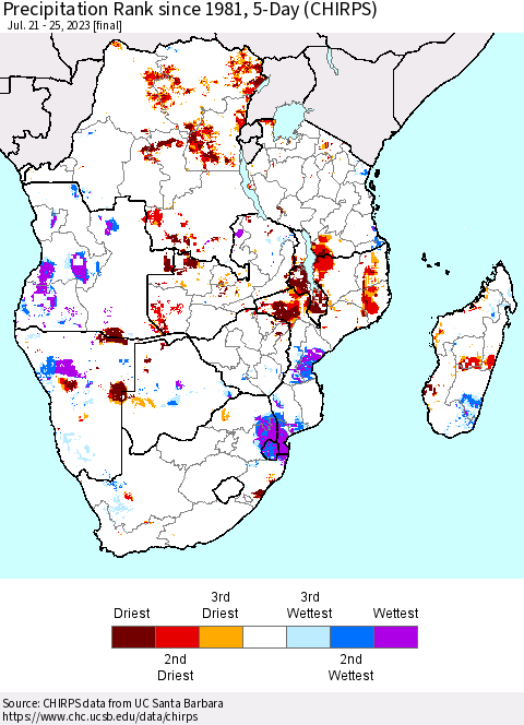 Southern Africa Precipitation Rank since 1981, 5-Day (CHIRPS) Thematic Map For 7/21/2023 - 7/25/2023