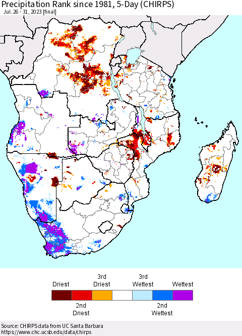 Southern Africa Precipitation Rank since 1981, 5-Day (CHIRPS) Thematic Map For 7/26/2023 - 7/31/2023