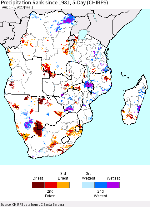 Southern Africa Precipitation Rank since 1981, 5-Day (CHIRPS) Thematic Map For 8/1/2023 - 8/5/2023