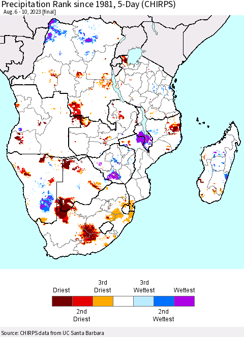 Southern Africa Precipitation Rank since 1981, 5-Day (CHIRPS) Thematic Map For 8/6/2023 - 8/10/2023